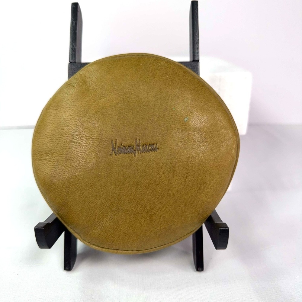 Neiman Marcus Leather Round Jewelry Case Olive Green Travel Coin Pouch 4.75" VTG